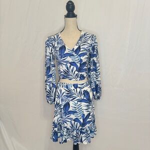 NWT Tropical Floral Blue & White Print Wrap Crop Top and Skirt Set